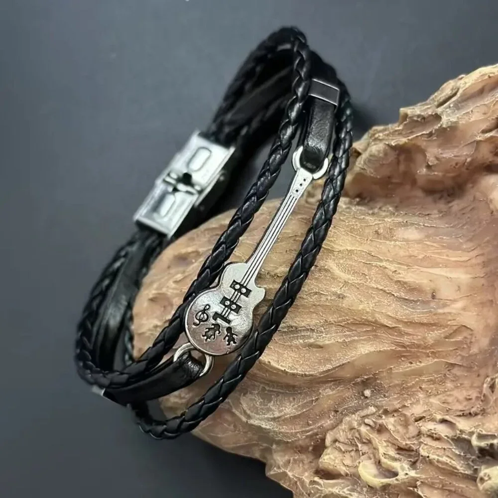 Leather Bracelet Guitar wrist Edgy Rock Bangle Stainless Black Stylish Music NEW